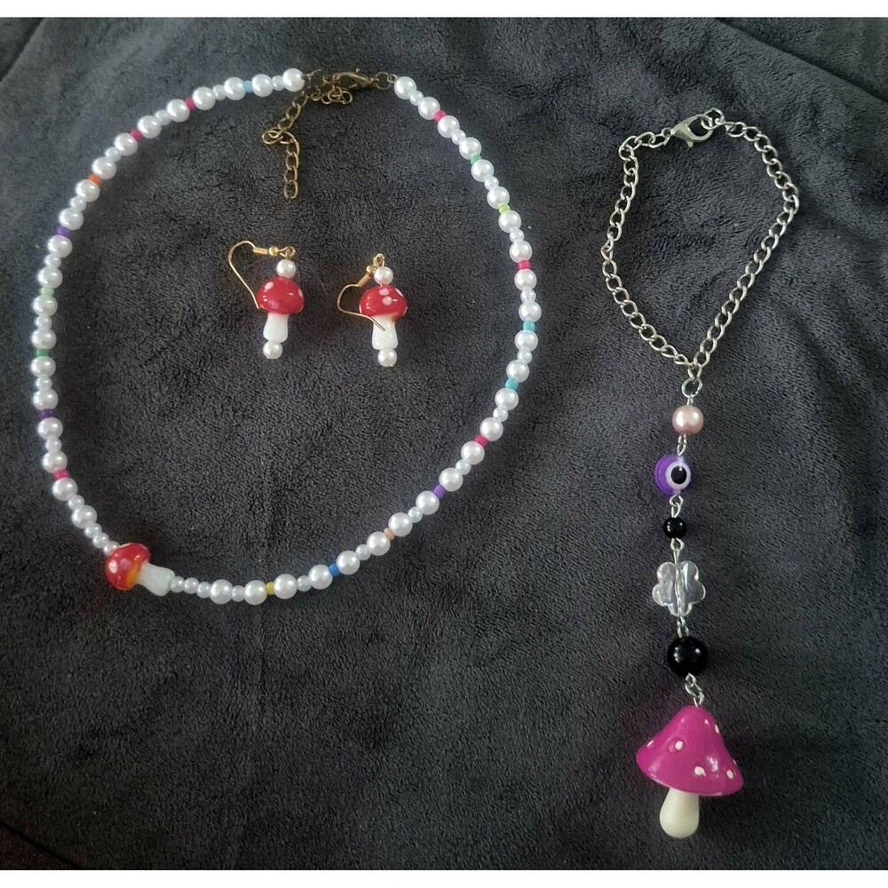 Cottagecore Mushroom Jewelry Set Lot Bead Necklace Earrings Bag Charm Keychain